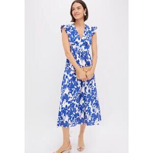 Hyacint House Blue Floral Ruffle Sleeve Robinson Dress Large White Tiny Flaw